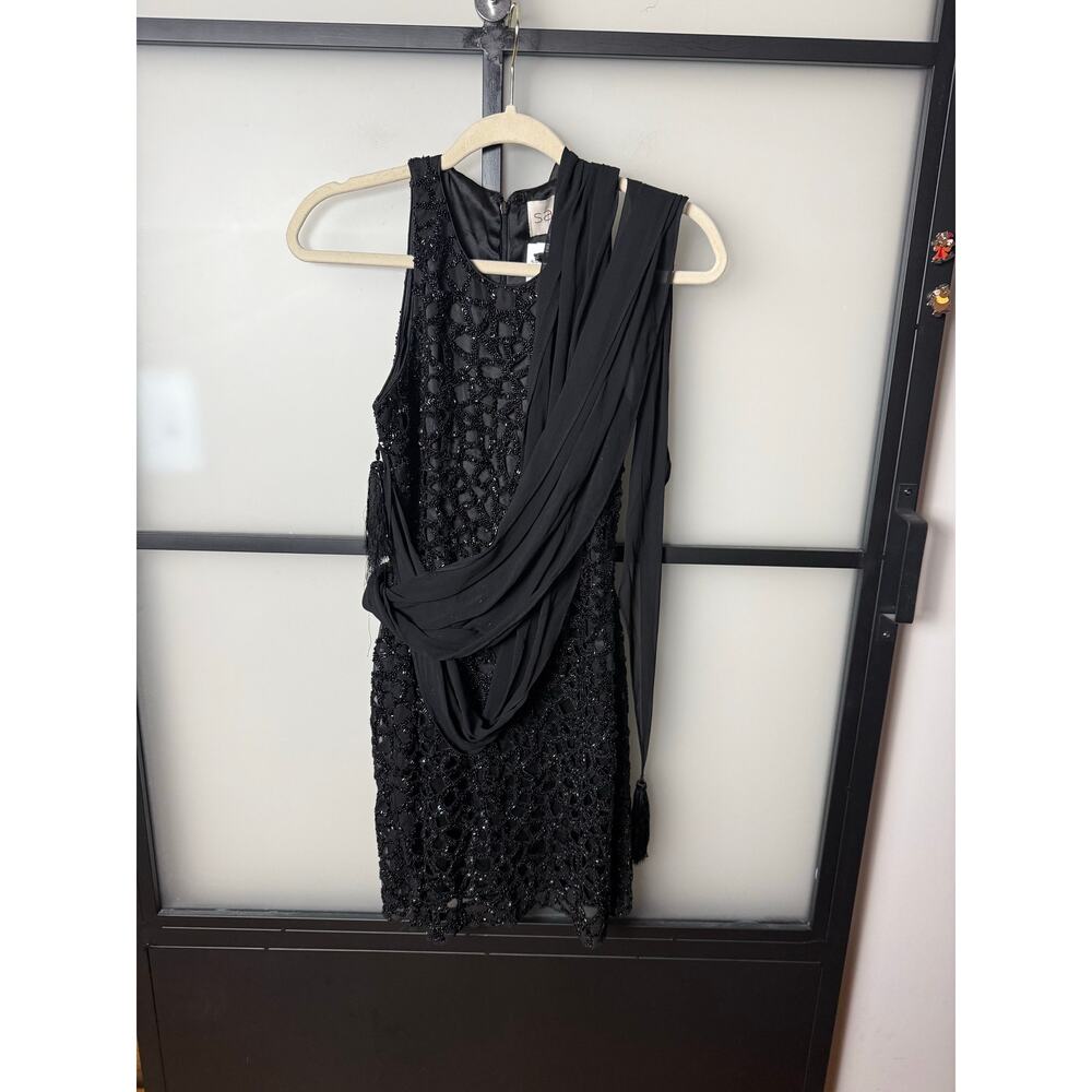 Sani Black Beaded Cocktail Dress with Fringe Chiffon Scarf Size Small